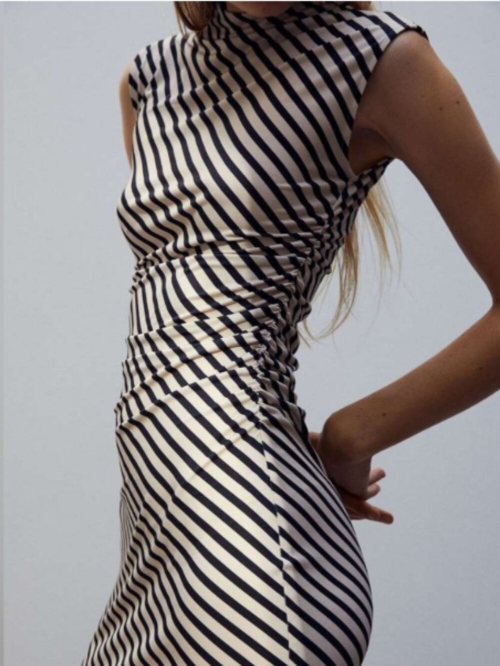 H&M Striped Gathered Bodycon Dress - Light Beige and Black Stripes - Picture 1 of 11